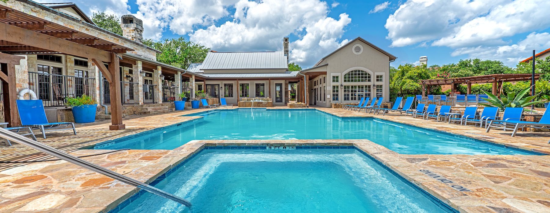 a swimming pool in a resort