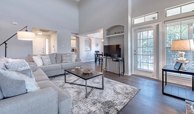 a living room with a large window