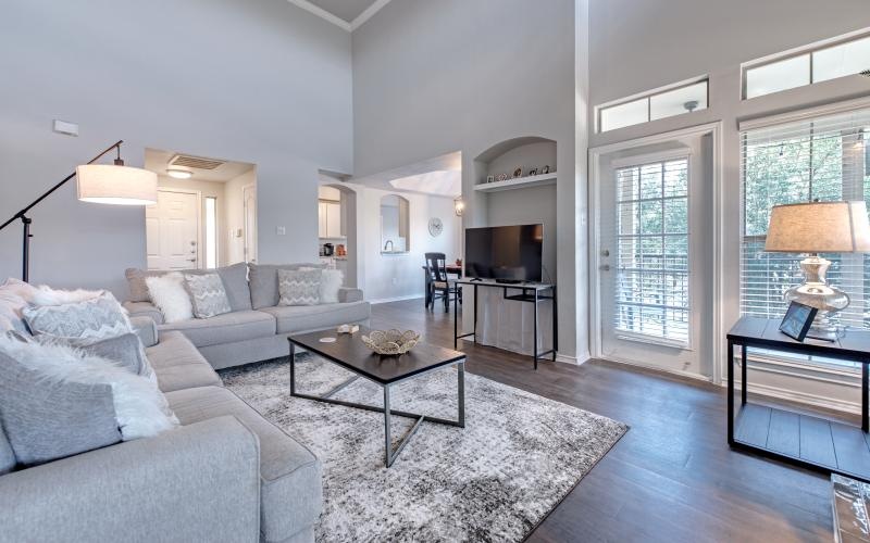 a living room with a large window